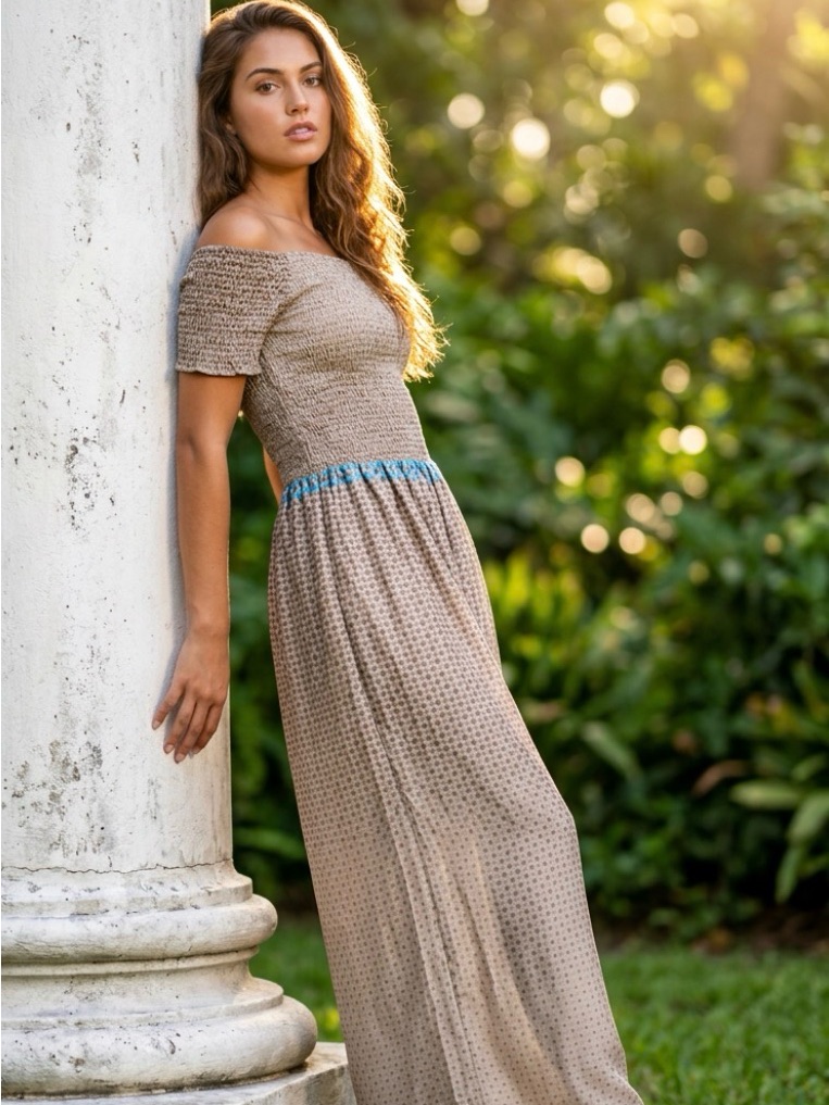 Smocked Silk Off-Shoulder Jumpsuit Tan & Blue Waist Accent Free Size To 2x